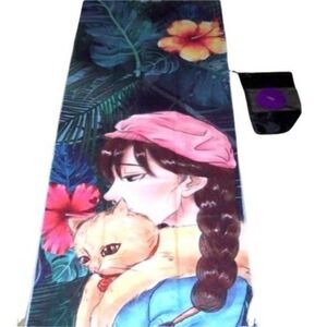 Pido Yoga Mat Towel Microfiber Girl and Cat 72" x 26" Multi-Colored & Mesh Bag